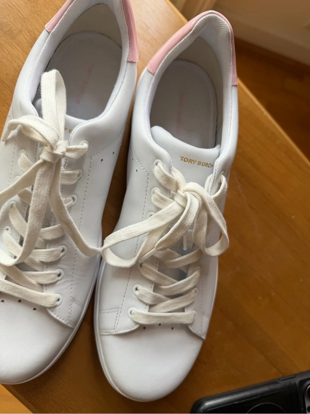 Tory Burch White Leather Sneakers with Pink Accents – Women’s Size 13